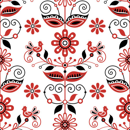 Seamless Pattern with Flower Inspired by Ukrainian Traditional Embroidery. Ethnic Floral Motif, Handmade Craft Art. Ethnic Design. Fabric Textile, Wrapping Paper, Wallpaper. Vector Illustrationのイラスト素材