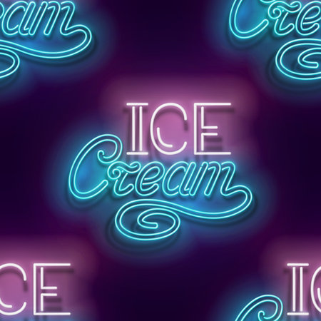 Seamless pattern with Ice Cream Inscription. Sweet Dessert Concept. Neon Light Texture, Signboard. Glossy Background. Vector 3d Illustrationのイラスト素材