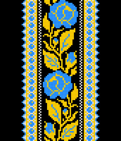 Realistic Cross-Stitch Embroideried Seamless Border with Roses. Ethnic Floral Motif, Handmade Stylization. Traditional Ukrainian Yellow and Blue Embroidery. Ethnic Design Element. Vector 3d Illustrationのイラスト素材