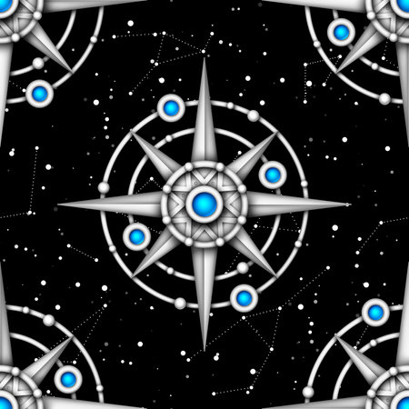 Endless Texture of Cosmic Universe with Ice Crystal Mechanical Stars. Night Sky with Constellations, Nebulas, Comets, Stars, Planets etc. Futuristical Seamless Pattern. Vector 3d illustrationのイラスト素材