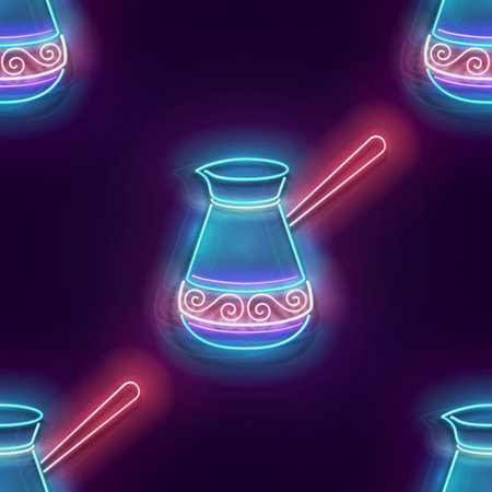 Seamless pattern with glow Decorated Cezve. Coffee House Label, Traditional Drink. Neon Light Texture, Signboard. Glossy Background. Vector 3d Illustrationのイラスト素材
