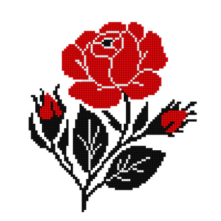 Realistic Cross-Stitch Embroideried Rose. Ethnic Floral Motif, Handmade Stylization. Traditional Ukrainian Red and Black Embroidery. Ethnic Single Design Element. Vector 3d Illustrationのイラスト素材