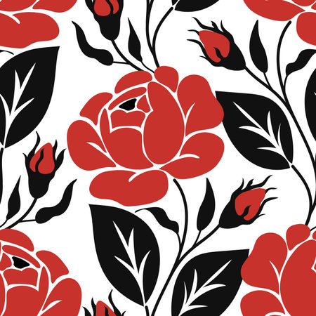 Seamless Pattern with Red Rose Inspired by Ukrainian Traditional Embroidery. Ethnic Floral Motif, Handmade Craft Art. Ethnic Design. Fabric Textile, Wrapping Paper, Wallpaper. Vector Illustrationのイラスト素材