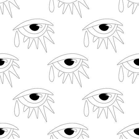 Seamless Pattern with Psyhodelical Print with Surreal Eye. Surreal Design, Endless Texture. Pop Art Cartoon Style with Stains. Coloring Book Page. Vector Contour Illustrationのイラスト素材