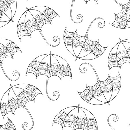 Fairytale Weather Forecast Seamless Pattern. Endless Texture with Dreaming Umbrellas. Fantasy Cartoon Design. Vector Contour Illustration. Coloring Book Pageのイラスト素材