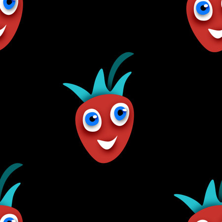 Seamless Pattern with Cute Smilying Strawberry. Surreal Design on Black. Pop Art Cartoon Style with Stains. Endless Texture. Vector 3d Illustrationのイラスト素材