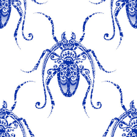 Seamless Pattern with Ornate Exotic Beetles. Decorative Endless Texture. Vintage Stamp Stylization. Vector Illustration. Colored Designのイラスト素材