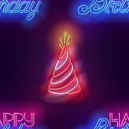 Seamless pattern with glow Holiday Hat and Inscription. Happy Birthday and Holiday Party Mood. Neon Light Texture, Signboard. Glossy Background. Vector 3d Illustrationのイラスト素材