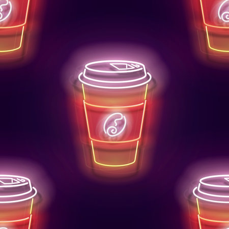 Seamless pattern with glow Paper Cup of Coffee. Cafe Label. Drink To Go, Cappuccino, Espresso, Latte. Neon Light Texture, Signboard. Glossy Background. Vector 3d Illustrationのイラスト素材