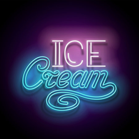 Vintage Glow Signboard with Ice Cream Inscription. Neon Retro Lettering.  Shiny Neon Light Poster, Banner, Playbill, Night Club Invitation. Glossy Background. Vector 3d Illustrationのイラスト素材