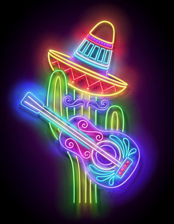 Glow Mexican cactus in sombrero with guitar. Cute singer, mariachi. Shiny Neon Poster, Flyer, Banner, Postcard, Invitation. Glossy Background. Vector 3d Illustrationのイラスト素材
