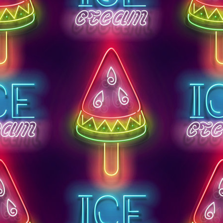 Seamless pattern with glow Ice Cream, Watermelon Piece and Inscription. Sweet Dessert Concept. Neon Light Texture, Signboard. Glossy Background. Vector 3d Illustrationのイラスト素材