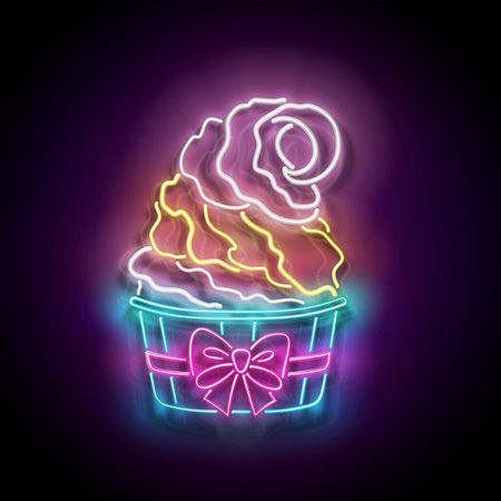 Vintage Glow Signboard with Ice Cream Cone in Paper Cup. Cafe Flyer Template. Shiny Neon Light Poster, Banner, Playbill, Night Club Invitation. Glossy Background. Vector 3d Illustrationのイラスト素材