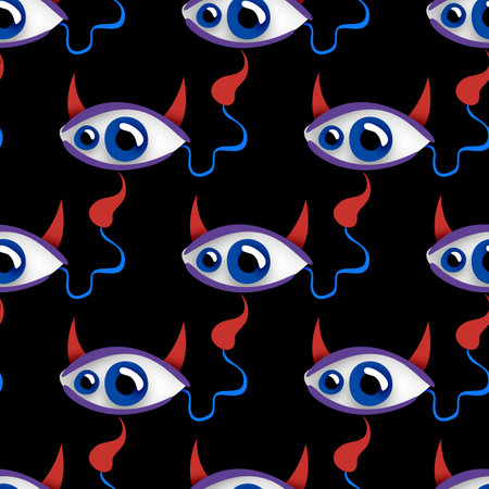 Seamless Pattern with Psyhodelical Print with Surreal Devil Eye. Surreal Design on Black. Pop Art Cartoon Style with Stains. Endless Texture. Vector 3d Illustrationのイラスト素材