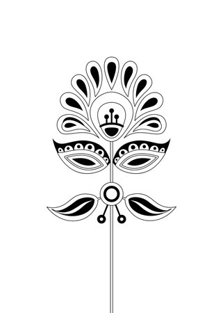 Flower Inspired by Ukrainian Traditional Embroidery. Ethnic Floral Motif, Handmade Craft Art. Single Design Element. Coloring Book Page. Vector Contour Illustrationのイラスト素材