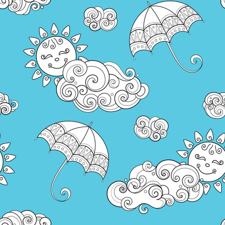 Fairytale Weather Forecast Seamless Pattern. Endless Texture with Cloudly Summer Day and Umbrellas. Noncolored Fantasy Cartoon Design on Turquoise Blue Background. Vector Contour Illustrationのイラスト素材
