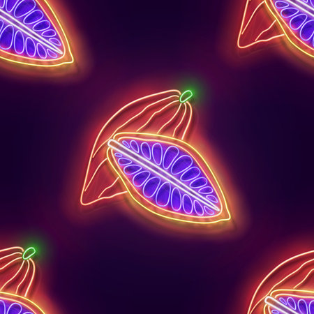 Seamless pattern with glow cocoa fruit. Exotic fruit. Neon Light Texture, Signboard. Glossy Background. Vector 3d Illustrationのイラスト素材
