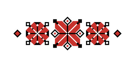 Ornamental Composition Inspired by Ukrainian Traditional Embroidery. Ethnic Motif, Handmade Craft Art. Ukrainian Red and Black Embroidery. Ethnic Design. Vector Illustrationのイラスト素材