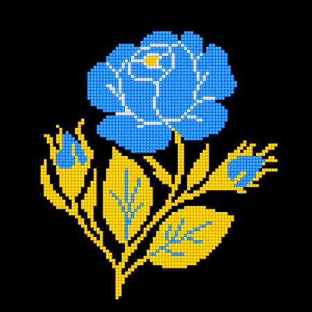 Realistic Cross-Stitch Embroideried Rose. Ethnic Floral Motif, Handmade Stylization. Traditional Ukrainian Yellow and Blue Embroidery. Ethnic Single Design Element. Vector 3d Illustrationのイラスト素材