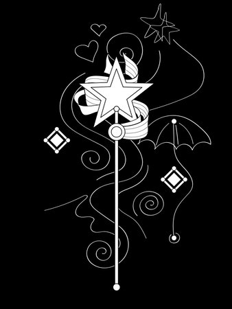 Cute Magical Star Wand, Deco Element. Aesthetic Object on Black. Trendy Kids Print. Vector Contour Illustration. Coloring Book Pageのイラスト素材