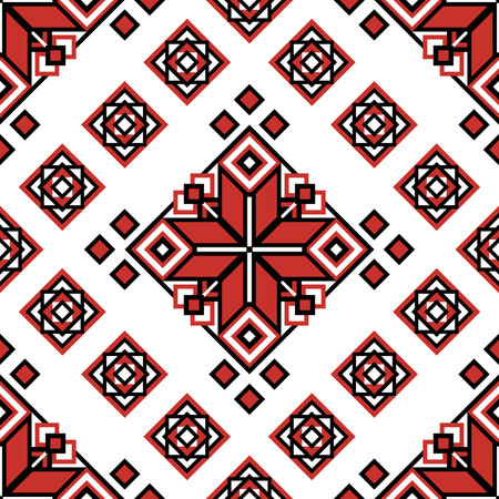 Seamless Pattern with Ornamental Composition Inspired by Ukrainian Traditional Embroidery. Ethnic Motif, Handmade Craft Art. Ethnic Design Element. Vector Illustrationのイラスト素材