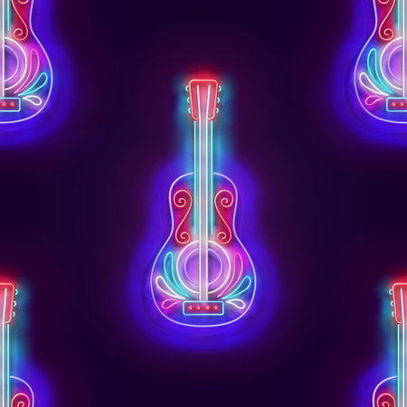 Seamless pattern with glow Spanish Guitar, Ethnic Mexican Culture. Dia de Los Muertos, Day of the Dead. Neon Light Texture, Signboard. Glossy Background. Vector 3d Illustrationのイラスト素材