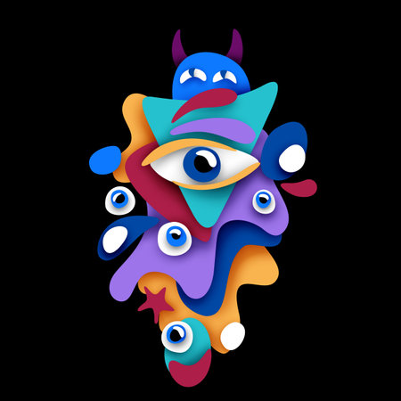 Psyhodelical Print with Monster Vibes. Surreal Design on Black. Pop Art Cartoon Style with Stains. Single Design Element. Vector 3d Illustrationのイラスト素材