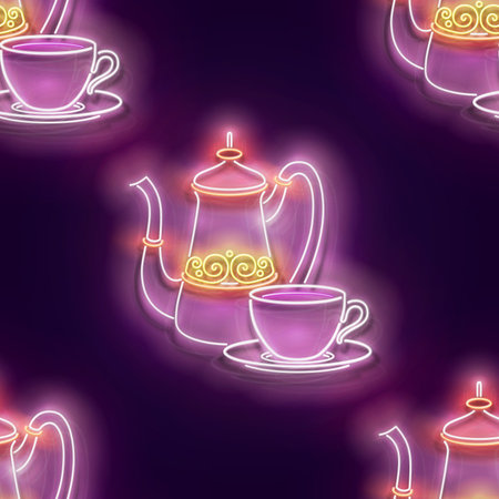Seamless pattern with glow Metal Cups and Pot of Turkish Coffee. Cafe Label, Traditional Drink. Neon Light Texture, Signboard. Glossy Background. Vector 3d Illustrationのイラスト素材