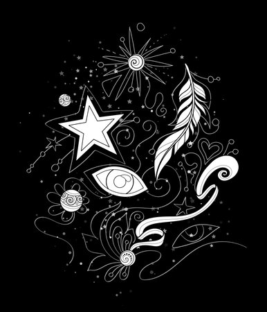 Mystical Cosmic Set of Deco Elements. Eye, Feather, Star and Beads. Aesthetic Surreal Insect. Futuristic Abstract Concept. Vector Contour Illustration on Black. Coloring Book Pageのイラスト素材