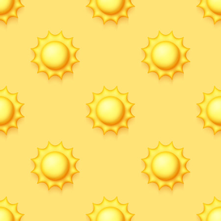 Seamless Colorful Aesthetic Pattern with Cute Suns. Romantic Simple Design Element. Monochromatic Yellow Texture. Design for Prints, Fabrics, Wallpapers etc. Vector 3d Illustrationのイラスト素材