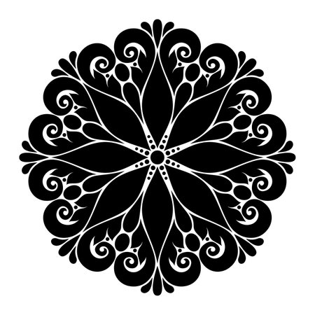 Floral Mandala in Paisley Style. Decorative Composition with Natural Motifs. Abstract Vintage Design Element. Complex Ornament. Vector Contour Illustrationのイラスト素材