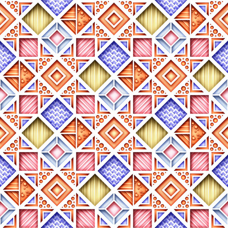 Seamless Colorful Geometric Pattern, Crazy Patchwork Quilt Ornament. Endless Modern Mosaic Texture.  Fabric Textile, Wrapping Paper, Wallpaper. Vector 3d Illustration. Abstract Artのイラスト素材