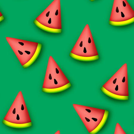 Seamless Pattern with Colorful Cute Watermelon Slice in Modern Plastic Style. Trendy Cartoon Texture. Realistic Object. Modern Concept. Vector 3d Illustrationのイラスト素材