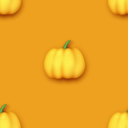 Seamless Pattern with Colorful Cute Pumpkin in Modern Plastic Style. Trendy Cartoon Texture. Realistic Object. Happy Halloween and Thanksgiving Concept. Vector 3d Illustrationのイラスト素材