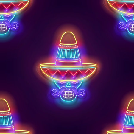 Seamless pattern with glow Sugar Male Skull in sombrero, Calavera. Dia de Los Muertos, Day of the Dead. Neon Light Texture, Signboard. Glossy Background. Vector 3d Illustrationのイラスト素材