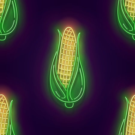 Seamless pattern with glow ear of sweetcorn with green leaves. Fresh corn, maize. Neon Light Texture, Signboard. Glossy Background. Vector 3d Illustrationのイラスト素材