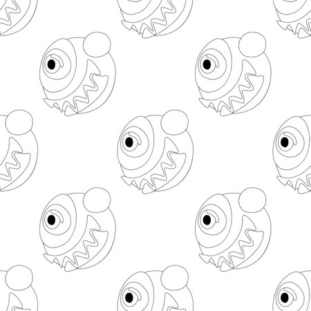 Seamless Pattern with Psyhodelical Print with One-eye Monster with Scary Smile. Surreal Design, Endless Texture. Pop Art Cartoon Style with Stains. Coloring Book Page. Vector Contour Illustrationのイラスト素材
