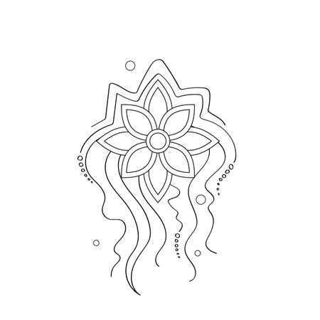 Mystical Cosmic Flower, Deco Element. Aesthetic Object, Futuristic Abstract Concept. Fantasy Background. Vector Contour Illustration. Coloring Book Pageのイラスト素材
