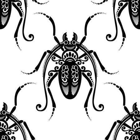 Seamless Pattern with Ornate Exotic Beetles. Decorative Endless Texture. Vector Illustration. Black and White Designのイラスト素材