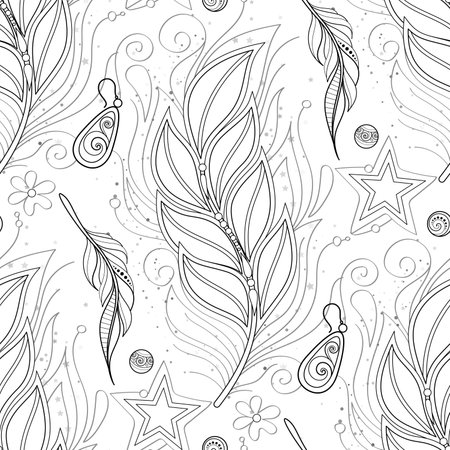 Seamless Aesthetic Pattern with Mystical Elegant Feather, Beads, Stars and Earring on White. Aesthetic Object with Oriental Stylization. Futuristic Concept. Textured Background. Vector 3d Illustrationのイラスト素材