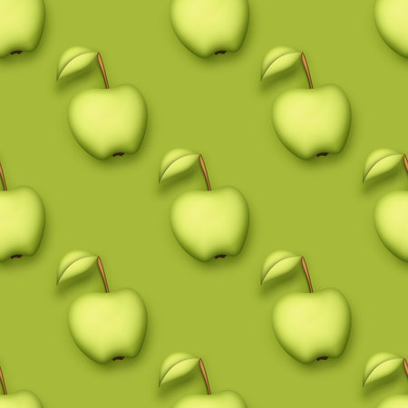 Seamless Pattern with Colorful Cute Apple in Modern Plastic Style. Trendy Cartoon Texture. Realistic Object. Modern Concept. Vector 3d Illustrationのイラスト素材