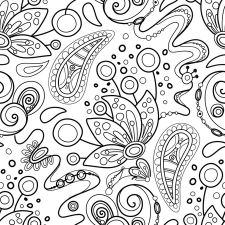 Folkloric Seamless Pattern with  Paisley Indian Cucumber, Nature Inspired Design Element. Ornate Abstract Floral Pattern. Endless Texture. Vector Illustration Coloring Book Pageのイラスト素材