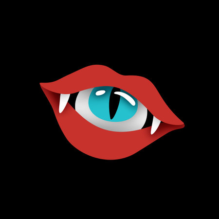 Psyhodelical Print with Vampire Vibes, Eye in the Mouth. Surreal Design on Black. Pop Art Cartoon Style with Stains. Single Design Element. Vector 3d Illustrationのイラスト素材