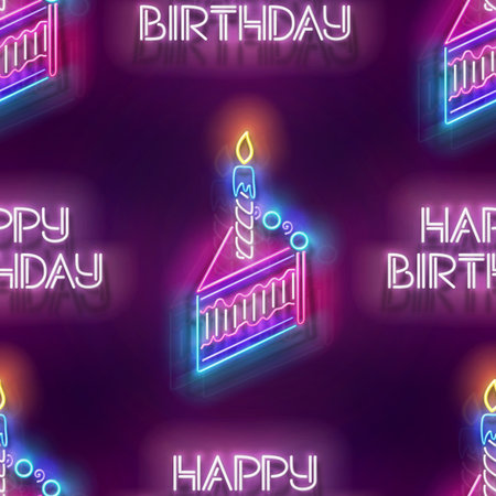 Seamless pattern with glow Piece of Holiday Cake with Candle and Inscription. Happy Birthday and Holiday Party Mood. Neon Light Texture, Signboard. Glossy Background. Vector 3d Illustrationのイラスト素材