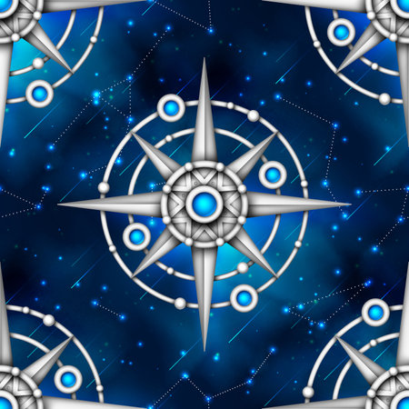 Endless Texture of Cosmic Universe with Ice Crystal Mechanical Stars. Night Sky with Constellations, Nebulas, Comets, Stars, Planets etc. Futuristical Seamless Pattern. Vector 3d illustrationのイラスト素材