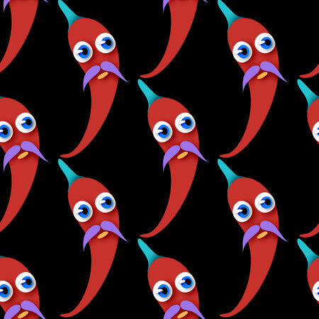 Seamless Pattern with Cute Mexican Chili Peppers with Moustache. Surreal Design on Black. Pop Art Cartoon Style with Stains. Endless Texture. Vector 3d Illustrationのイラスト素材