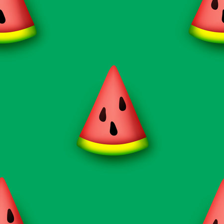 Seamless Pattern with Colorful Cute Watermelon Slice in Modern Plastic Style. Trendy Cartoon Texture. Realistic Object. Modern Concept. Vector 3d Illustrationのイラスト素材