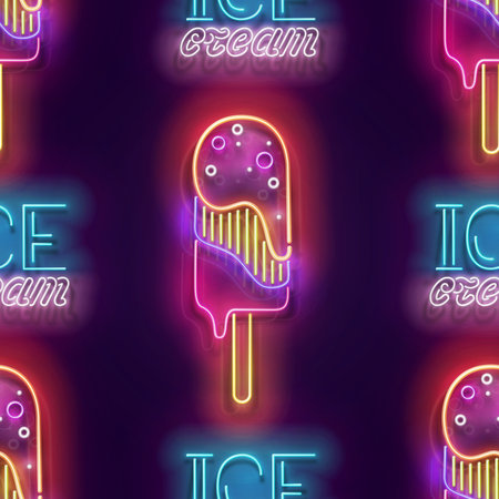 Seamless pattern with glow Lolly Pop Ice Cream and Inscription. Sweet Dessert Concept. Neon Light Texture, Signboard. Glossy Background. Vector 3d Illustrationのイラスト素材