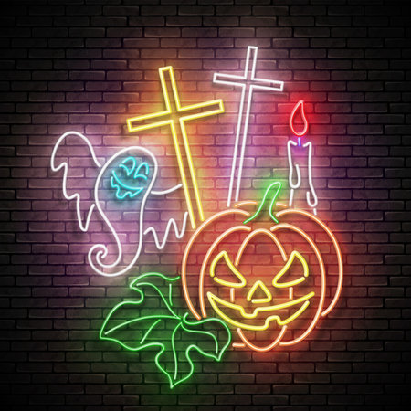 Glow Halloween Greeting Card with Witch Pumpkin, Crosses, Candles and Ghost. Postcard Holiday Template. Shiny Neon Light Poster, Banner, Invitation. Brick Wall. Vector 3d Illustrationのイラスト素材
