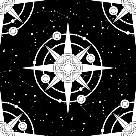 Endless Texture of Cosmic Universe with Mechanical Stars. Night Sky with Constellations, Nebulas, Comets, Stars, Planets etc. Seamless Pattern on Black. Vector Contour Illustration. Coloring Book Pageのイラスト素材